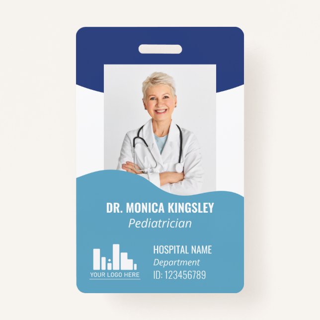 2 Shades of Blue Waves Logo & Photo Employee ID ID Badge (Front)