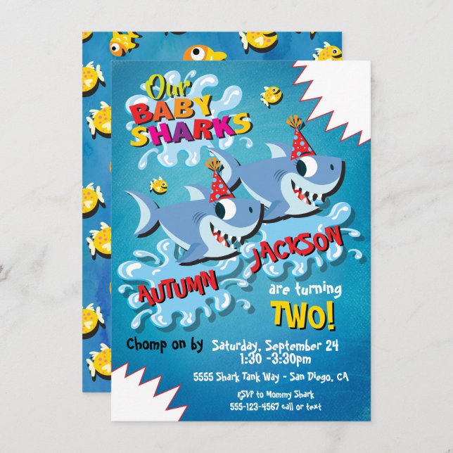 2 Sharks Baby Birthday Party invitation (Front/Back)