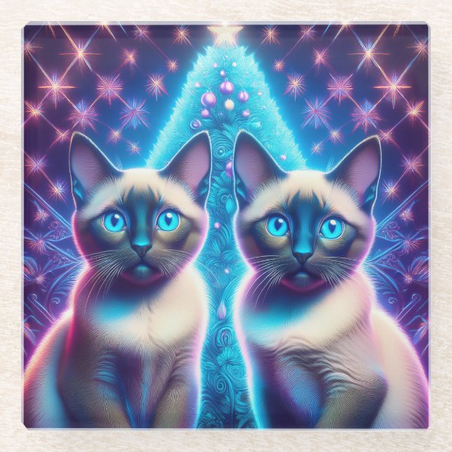 2 Siamese Kittens Posing In With Christmas Tree Glass Coaster (Front)