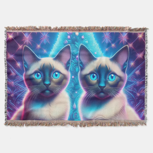 2 Siamese Kittens Posing In With Christmas Tree Throw Blanket (Front)
