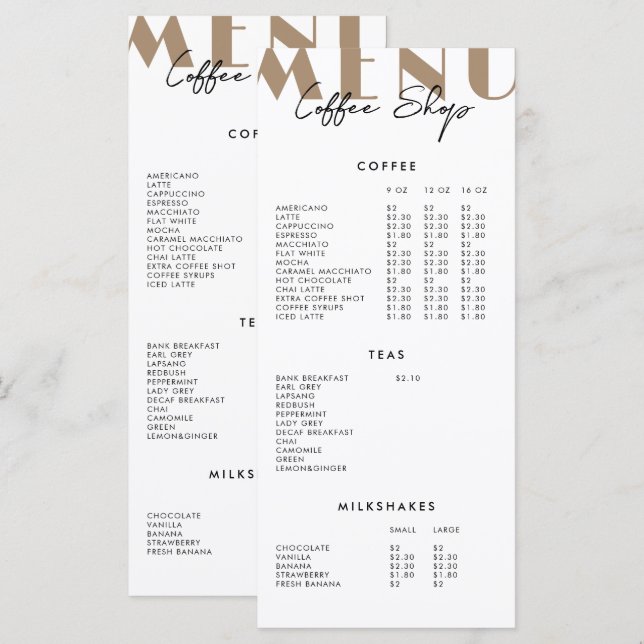 2 Side Modern Minimalist Coffee Shop Menu (Front/Back)