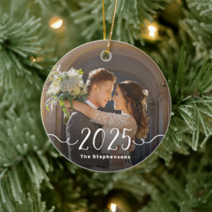 2-Sided 2025 Elegant Script Overlay Double Photo Ceramic Tree Decoration