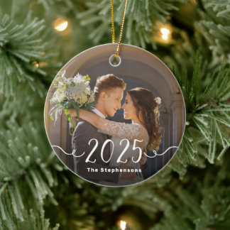 2-Sided 2025 Elegant Script Overlay Double Photo Ceramic Tree Decoration