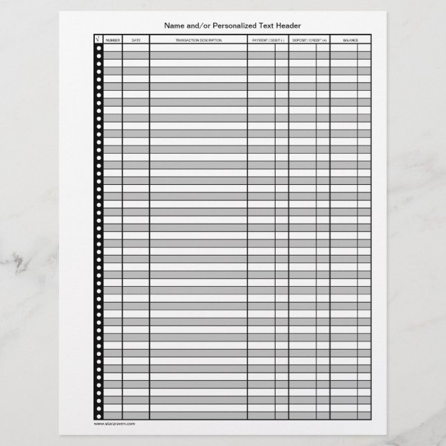 2-sided Banking Transaction Register Pages (Front)
