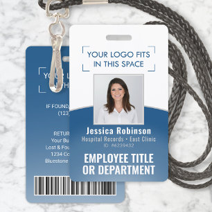 2 Sided Barcode & Your Logo Employee Photo ID Blue ID Badge