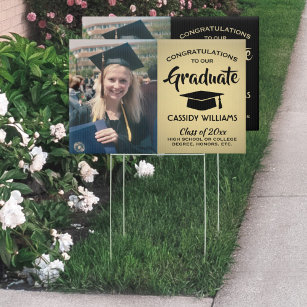 2 Sided Black Gold Faux Foil Photo Graduation Yard Garden Sign