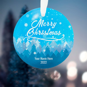 2-sided Custom Blue Snow & Forest Merry Christmas Ornament