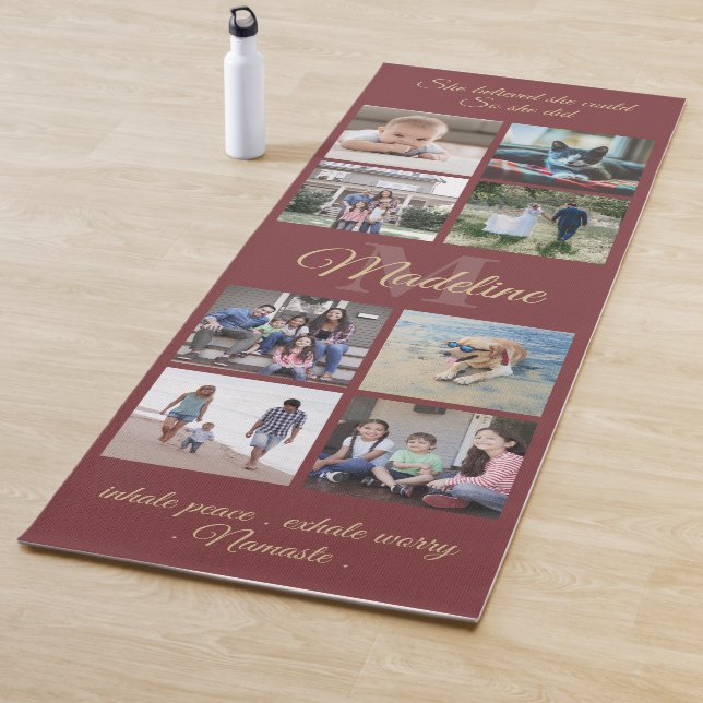 2 Sided Custom Mantra Burgundy Gold Monogram Photo Yoga Mat (In Situ)