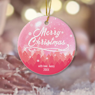2-sided Custom Pink Snow & Forest Merry Christmas Ceramic Tree Decoration