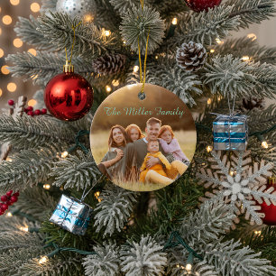 2-Sided  Elegant Script Overlay Double Photo  Ceramic Tree Decoration