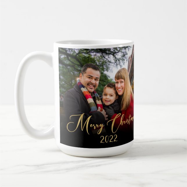 2-Sided Family Photo Gold Script Christmas Custom  Coffee Mug (Left)
