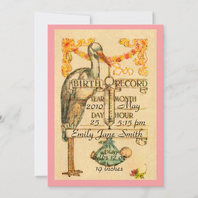 2 Sided Pink Vintage Style Birth Announcement (Front)