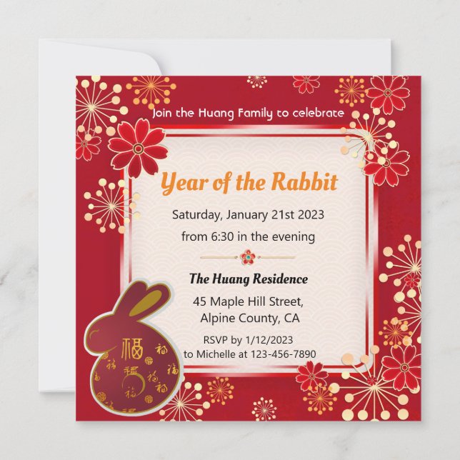 2-sided Rabbit Lunar Year Fireworks Party Invite (Back)