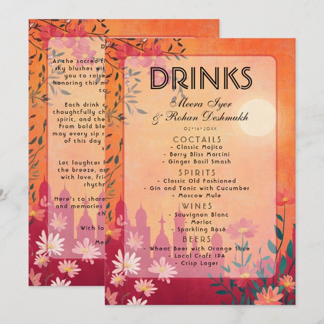2 sided Sunset Serenade Wedding Menu (Front/Back)
