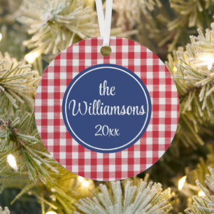 2-Sided Text on Back, Red & White Check 3-in Metal Tree Decoration
