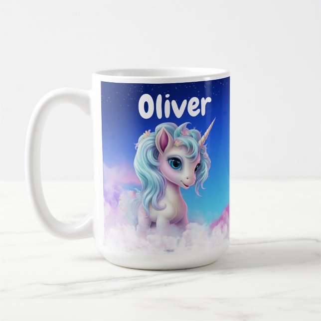 2-sided Unicorn on clouds, blue sky,stars & name Coffee Mug (Left)