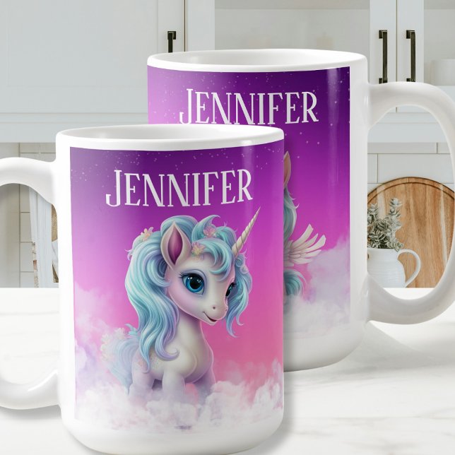 2-sided Unicorn on clouds, pink sky,stars & name Coffee Mug (Unicorn on clouds Custom Name Coffee Mug)