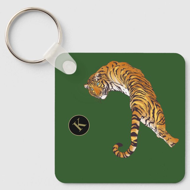 2 sided Young, Wild and Free Tiger Monogram Green Key Ring (Front)