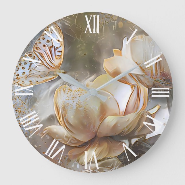 2 Silk Gold White Unique Roses Art Dream Large Clock (Front)