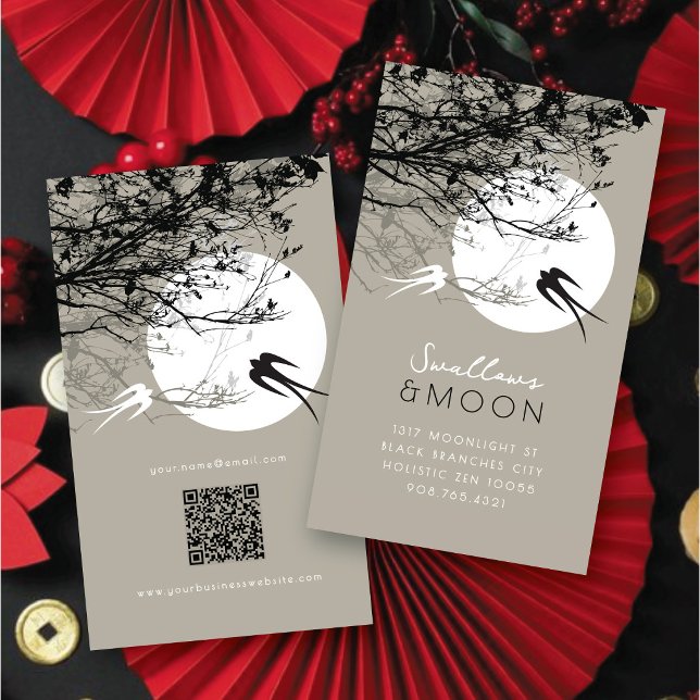 2 Swallows & Branches in Moonlight Grey Modern Zen Business Card (2 Swallows & Silhouette Branches in Moonlight Grey Modern Zen Business / Profile Card @ fat_fa_tin)
