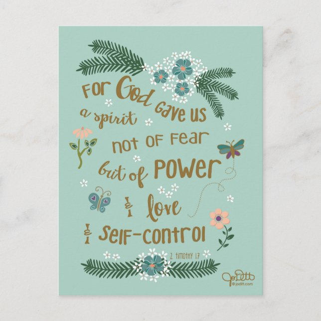 2 Timothy 1:7 hand lettered Scripture art Postcard (Front)