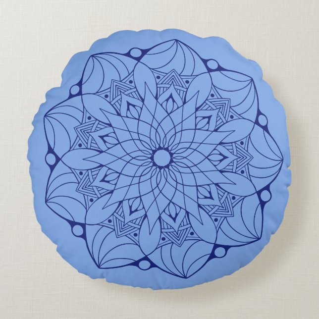 2 Tone Blue Mandala Round Throw Pillow For Couch (Front)