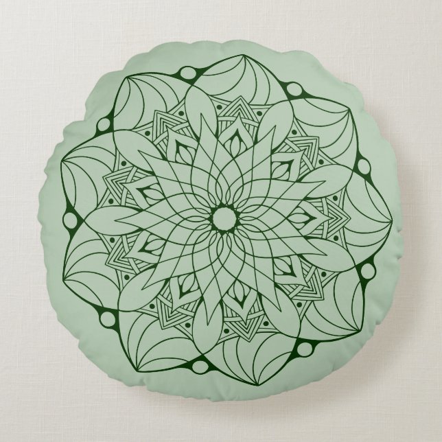 2 Tone Green Mandala Round Throw Pillow For Couch (Front)