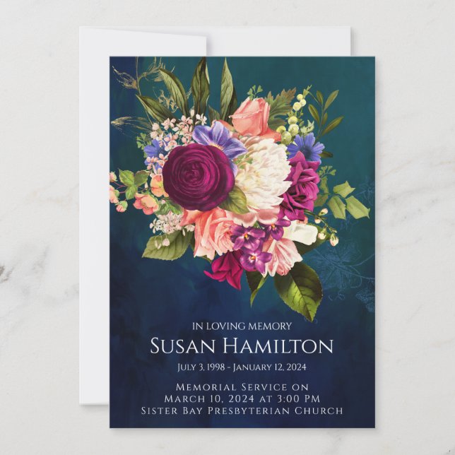 2-toned Navy Floral Funeral Memorial Announcement (Front)