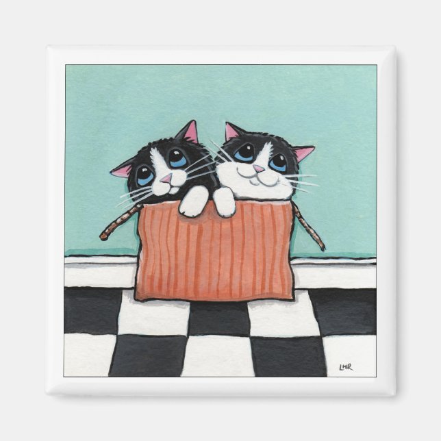2 Tuxedo Cats in a Box | Cat Art Magnet (Front)