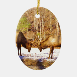 2~ two Bull Elk in the snow Ceramic Tree Decoration