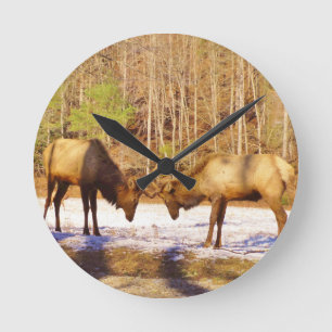 2~ two Bull Elk in the snow Round Clock