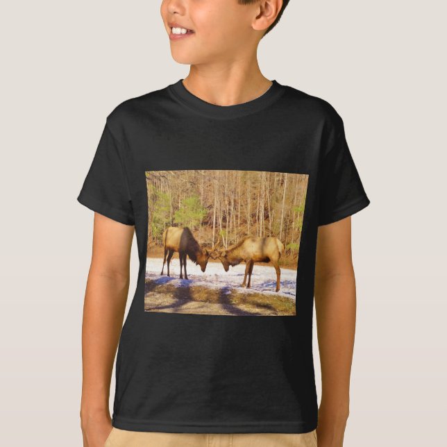 2~ two Bull Elk in the snow T-Shirt (Front)