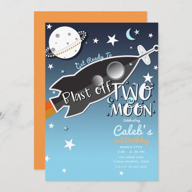 2 Two the Moon Rocket Ship Space Birthday Party Invitation (Front/Back)