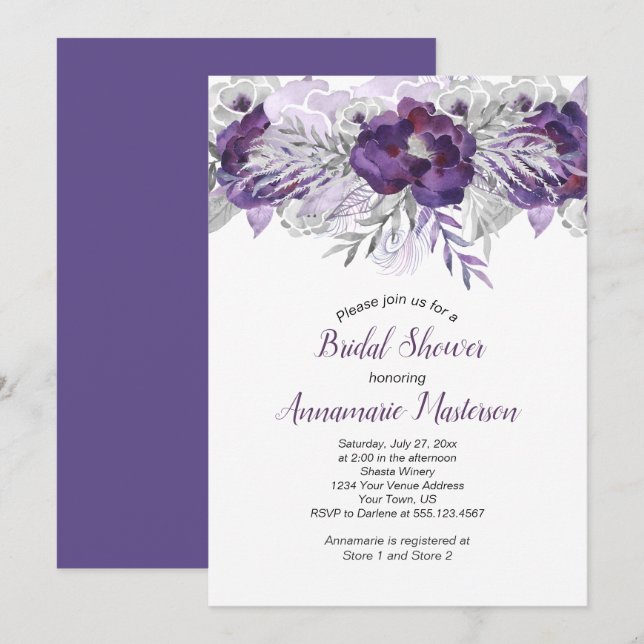 #2 Ultra Violet Lavender Grey Floral Bridal Shower Invitation (Front/Back)