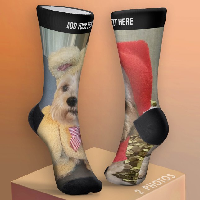 2 Vertical Photos and Text on Top Different Photos Socks (Custom Photo Socks - add a Photo Collage)