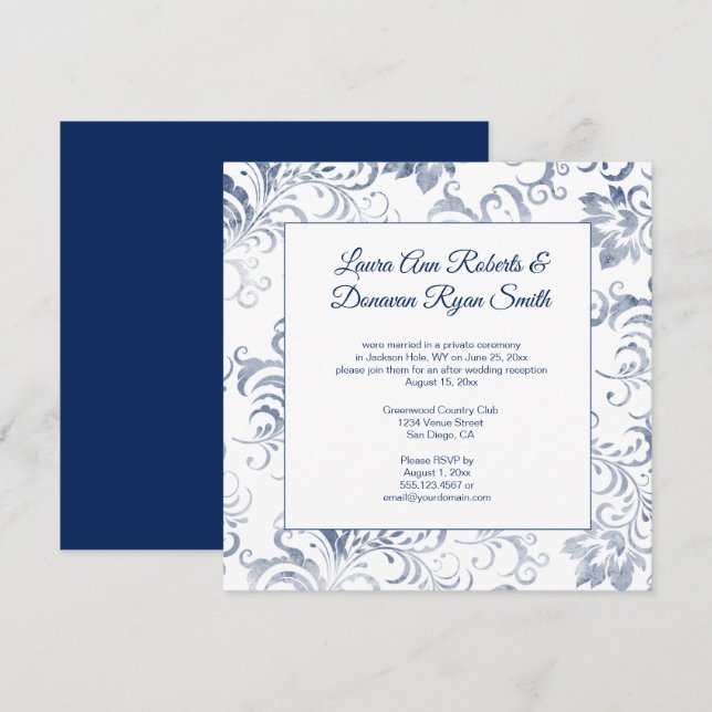 #2 Vintage Dark Blue Damask Overlay Reception Only Invitation (Front/Back)