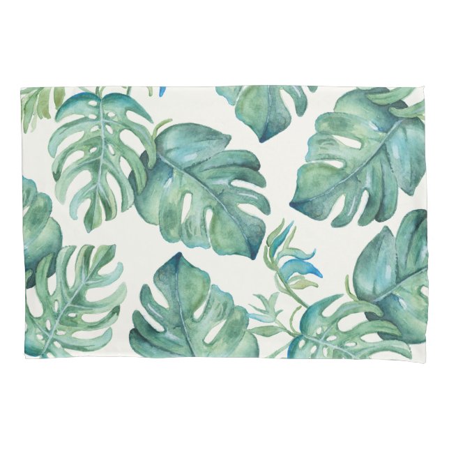 2 Watercolor Monstera Palm Leaf Pillowcase (Front-Left)