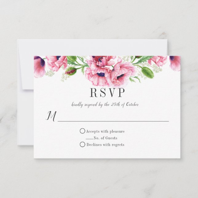 #2 Watercolor Pink Poppies Greenery RSVP (Front)
