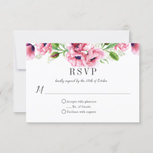 #2 Watercolor Pink Poppies Greenery RSVP Card