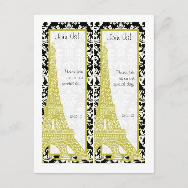 2 Wedding in Paris Black Damask Save Date Bookmark Announcement Postcard (Front)