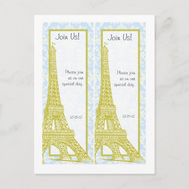 2 Wedding in Paris Blue Damask Save Date Bookmark Announcement Postcard (Front)