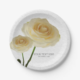 2 White Painted Roses Elegant Bridal Shower Paper Plate