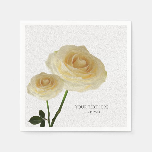 2 White Painted Roses Elegant Napkins (Front)