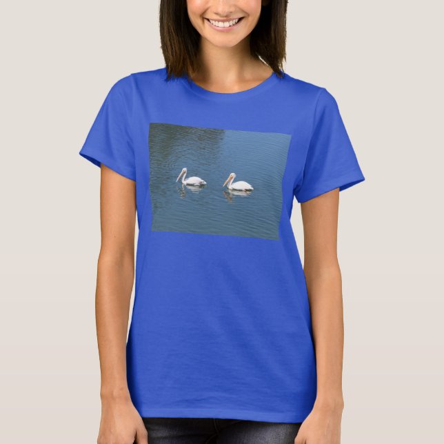 2 white pelicans on blue t-shirt (Front)
