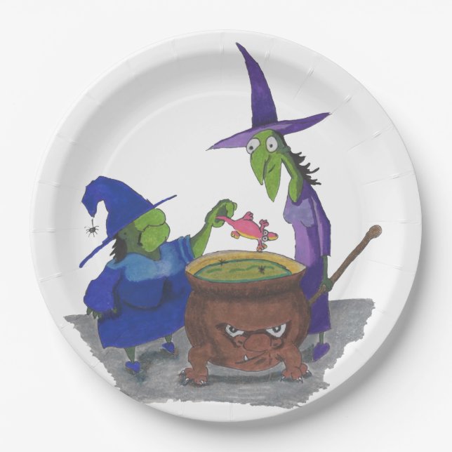 2 Witches brewing up potion in Cauldron Halloween Paper Plate (Front)