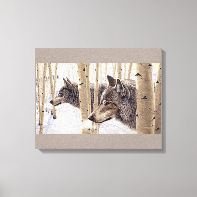 2 Wolves Among Aspen Trees, Acrylic Painting Canvas Print (Front)