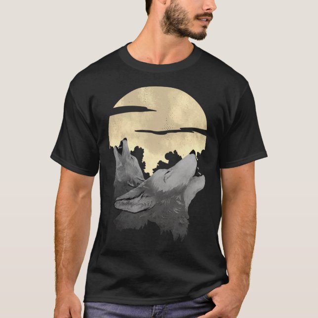 2 wolves howl the moon at night T-Shirt (Front)
