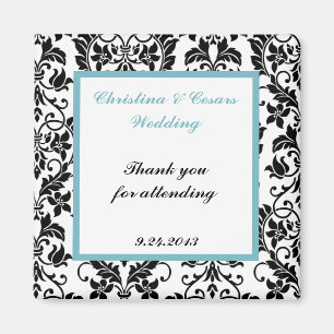 2"x2" Announcement Magnet Black Damask Baby Blue