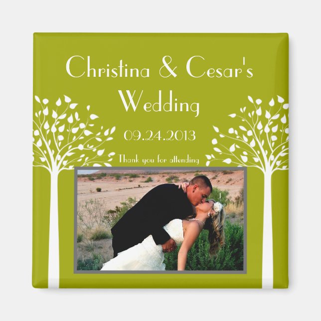 2"x2" Announcement Magnet Modern Green Trees white (Front)