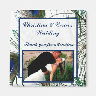 2"x2" Announcement Magnet Peacock Feathers Blue/Gr